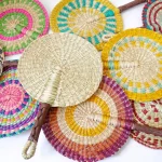 Éventail tissé en jonc de mer à motifs de rayures colorées, éventail bohème Anti-moustiques en queue de chat, ventilateurs portables décoratifs naturels