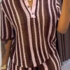 Hauts tricotés à rayures pour femmes, pull ample décontracté, à la mode, manches courtes, boutons, revers, costume short, nouvelle collection été