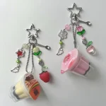 Porte-clés Pudding japonais, breloque Flan d&rsquo;œuf jaune rose, accessoire perlé esthétique rétro Y2K Heisei
