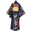 costumes de cosplay anime tamayo demon slayer, kimono violet, noir, cheveux longs, ceinture beige, halloween expo