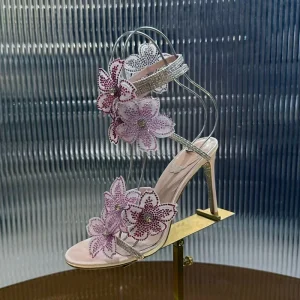 Mode strass fleur serpent en forme enveloppé sandales à talons hauts femmes Sexy polyvalent bout ouvert Sandalias chaussures de Banquet de mariage