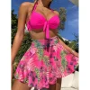bikinis 3 pièces avec kimono pour femme, maillot de bain taille haute, push up, cover up, imprimé tropical, vêtements de plage, 2023
