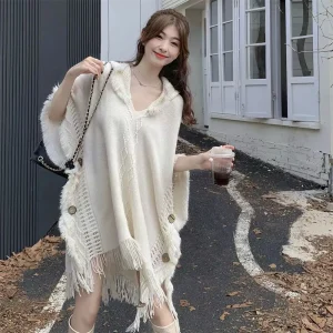 Cape Poncho à capuche en Crochet, châle Boho Chic à franges pour femmes, vêtements d’extérieur polyvalents printemps-automne Cape Poncho à capuche en Crochet, châle Boho Chic à franges pour femmes, vêtements d’extérieur polyvalents printemps-automne