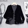 vestes noires en velours pour femmes, vêtements d'extérieur vintage de style chinois, hauts surdimensionnés, col en v, manteaux de tempérament chic, 2025