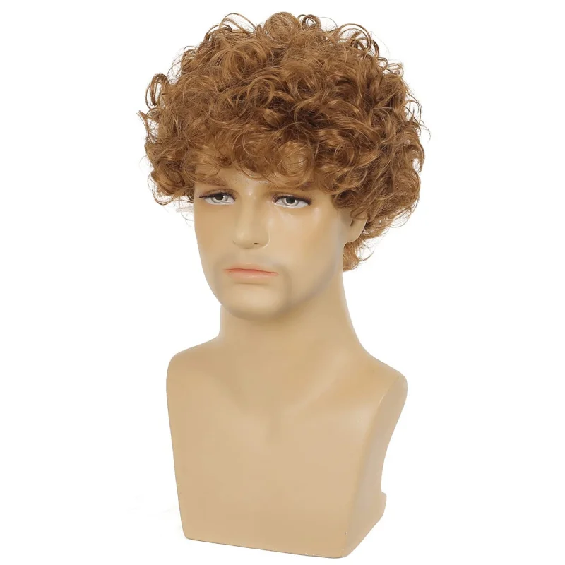 perruque courte bouclée pour hommes, brun clair, cheveux synthétiques, à utiliser pour halloween, cosplay, costume, style disco pour hommes perruque courte bouclée pour hommes, brun clair, cheveux synthétiques, à utiliser pour halloween, cosplay, costume, style disco pour hommes