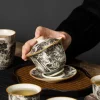 ensemble gaiwan en porcelaine de paysage de four ru, soupière à thé, tasse à thé, bols à thé d'ouverture en céramique jaune chinoise, cérémonie du thé, 160ml