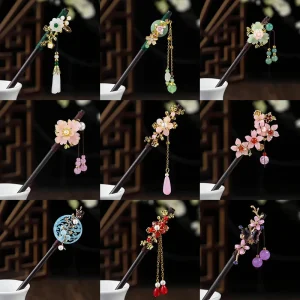 Épingle à cheveux en bois de style chinois avec pompon, épingle à cheveux fleur à enroulement, pince à cheveux élégante pour dame, accessoires pour cheveux, cadeau vintage