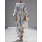 T Е – robe longue à imprimé floral bleu ciel pour femmes, coupe ample, manches chauve-souris, col rond, élégante, nouvelle collection printemps été 2026, 196197