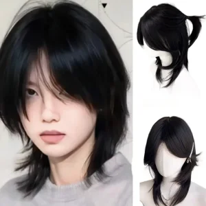 Perruque courte noire Cos Anime japonais Cosplay perruque 38 cm Cool Sissy bandeau perruques Punk haute qualité perruques synthétiques