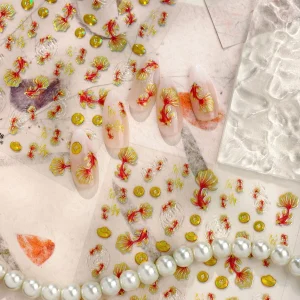 Poisson rouge Koi carpe cassée classique pièce d&rsquo;or Sycee fleur de Lotus bulles d&rsquo;eau ondulation bonne chance Nail Art autocollant manucure décalcomanie