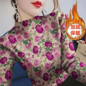 Chemise de base à col mi-haut en velours pour femme, T-shirt imprimé, T-shirt à manches longues, coupe couvertes, tempérament amincissant, chaud, nouveau