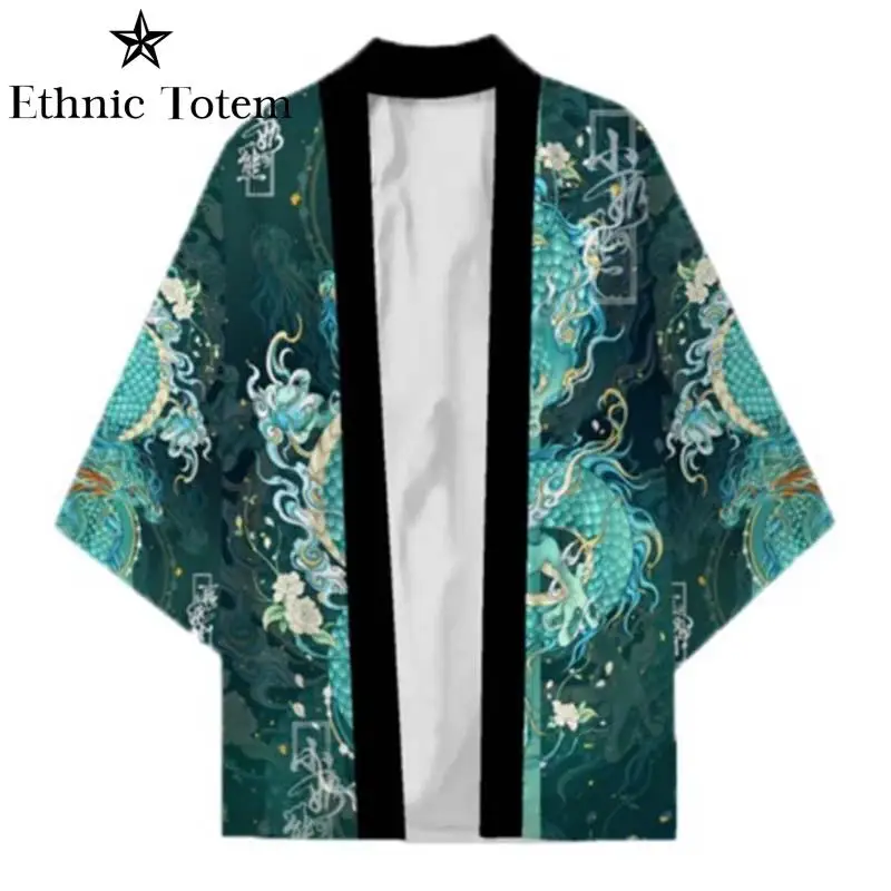 kimono dragon de style chinois avec motif imprimé vert, vêtements traditionnels japonais, vestes d'été décontractées, cardigan haori entremi kimono dragon de style chinois avec motif imprimé vert, vêtements traditionnels japonais, vestes d'été décontractées, cardigan haori entremi