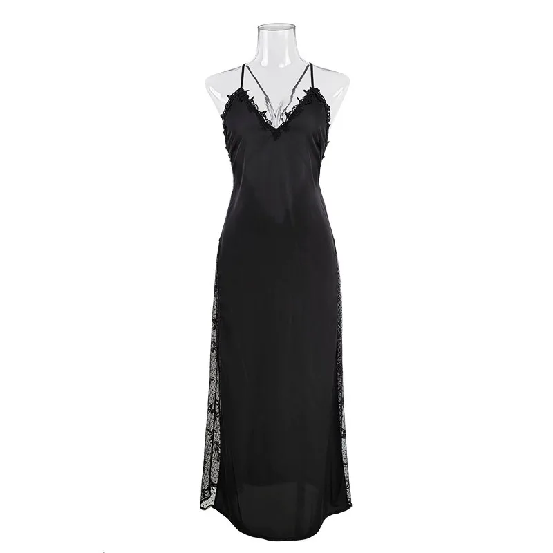 kimono dos nu en satin pour femme, robe de nuit sexy, chemise de nuit en patchwork de dentelle, vêtements de détente ultra longs kimono dos nu en satin pour femme, robe de nuit sexy, chemise de nuit en patchwork de dentelle, vêtements de détente ultra longs