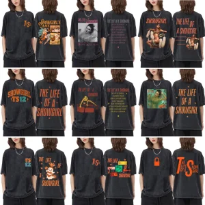 Washed Vintage The Life of A Showgirl Album 2025 T-shirt Men Women Fashion Pop Music T-shirts Unisex Casual Oversized T Shirts