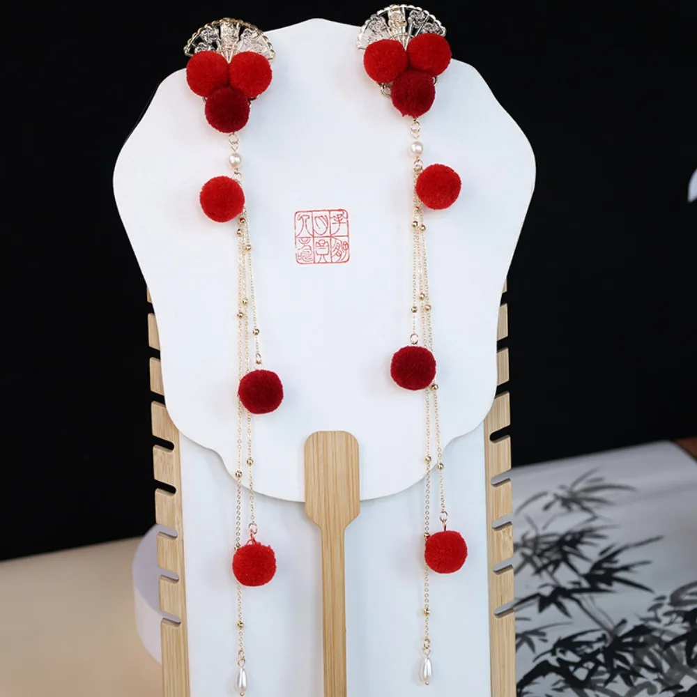 accessoires pour cheveux, épingle à cheveux ancienne de style chinois en perles, rouge avec pompon, pince à cheveux hanfu, boule floue, coiffure pour filles, enfants accessoires pour cheveux, épingle à cheveux ancienne de style chinois en perles, rouge avec pompon, pince à cheveux hanfu, boule floue, coiffure pour filles, enfants