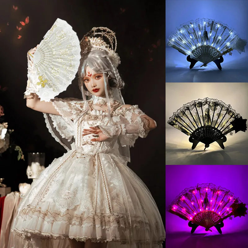fan pliant lumineux lolita danse scène performance ventilateur à main led rétro rouge foncé noir rose fans fête de mariage photographie accessoire fan pliant lumineux lolita danse scène performance ventilateur à main led rétro rouge foncé noir rose fans fête de mariage photographie accessoire
