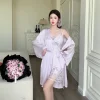 peignoir kimono de mariée pour femmes, ensemble de robe en satin et dentelle, vêtements de nuit décontractés, chemise de nuit à bretelles sexy