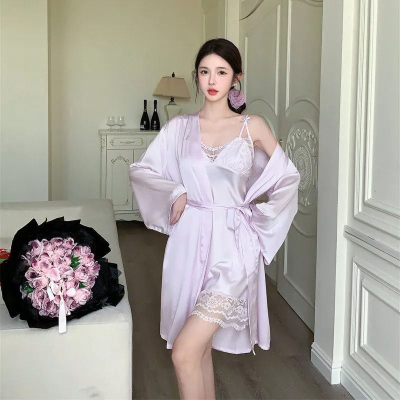 peignoir kimono de mariée pour femmes, ensemble de robe en satin et dentelle, vêtements de nuit décontractés, chemise de nuit à bretelles sexy peignoir kimono de mariée pour femmes, ensemble de robe en satin et dentelle, vêtements de nuit décontractés, chemise de nuit à bretelles sexy