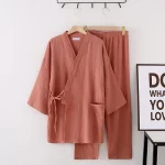 Costume Kimono Japonais pour Amoureux, Pyjama en Crêpe 100% Coton, Manches sulf, Pantalon, Ensemble Deux Pièces, Vêtements de Nuit pour Homme et Femme
