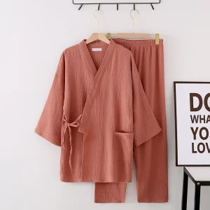 Costume Kimono Japonais pour Amoureux, Pyjama en Crêpe 100% Coton, Manches sulf, Pantalon, Ensemble Deux Pièces, Vêtements de Nuit pour Homme et Femme