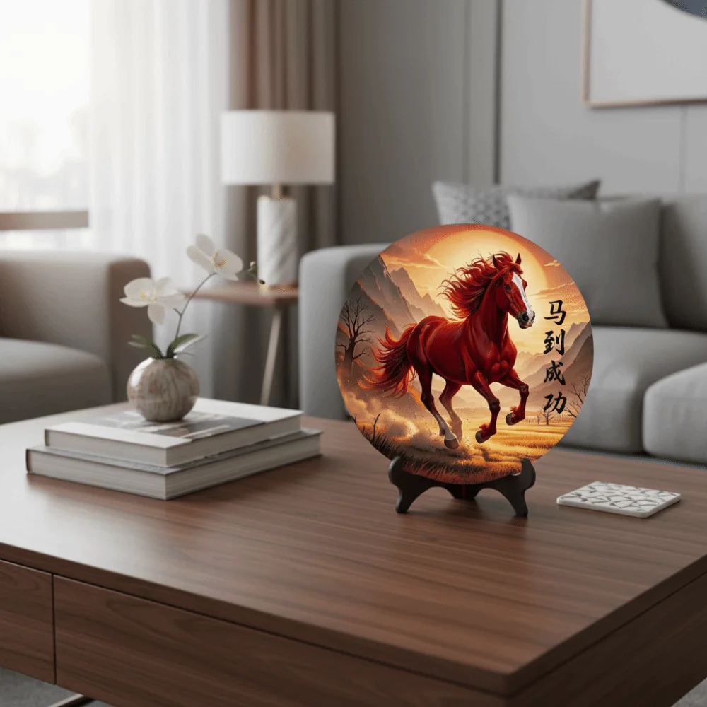 peintures décoratives de l'année du cheval, ornement rond en bois, cadre photo, décorations porte bonheur, ornement de bureau amusant pour le bureau peintures décoratives de l'année du cheval, ornement rond en bois, cadre photo, décorations porte bonheur, ornement de bureau amusant pour le bureau