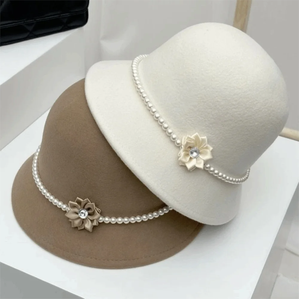 Chapeau de pêcheur élégant en perles et fleurs, couleur unie, Style français, Hepburn, seau chaud en laine, funéraire Chapeau de pêcheur élégant en perles et fleurs, couleur unie, Style français, Hepburn, seau chaud en laine, funéraire