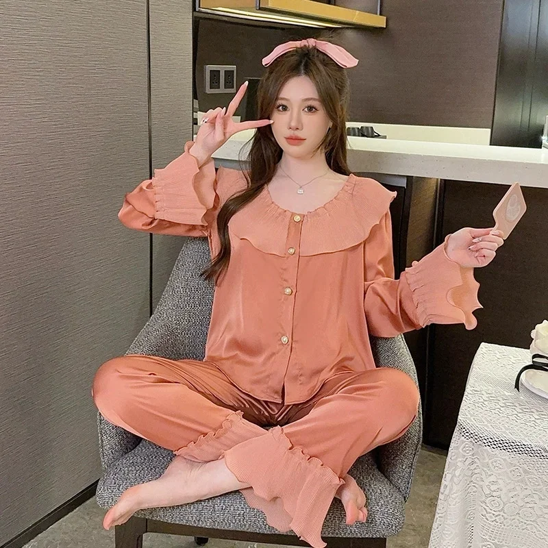 Pyjama en soie glacée pour femme, manches longues, mignon, nouveau Style, soie fine, à volants, chemise et pantalon, vêtements de détente, printemps automne Pyjama en soie glacée pour femme, manches longues, mignon, nouveau Style, soie fine, à volants, chemise et pantalon, vêtements de détente, printemps automne