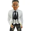 costumes formels blancs à fleurs pour garçons, tenue de mariage à col montant, tuxedos pour enfants, costume de fête 3 pièces (veste + gilet + pantalon)