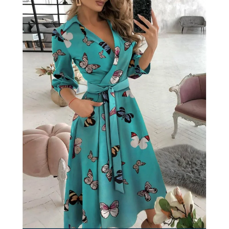 robe portefeuille à ceinture pour femme, vente chaude, coupe ample, imprimé multi motifs, adaptée aux transitions saisonnières robe portefeuille à ceinture pour femme, vente chaude, coupe ample, imprimé multi motifs, adaptée aux transitions saisonnières