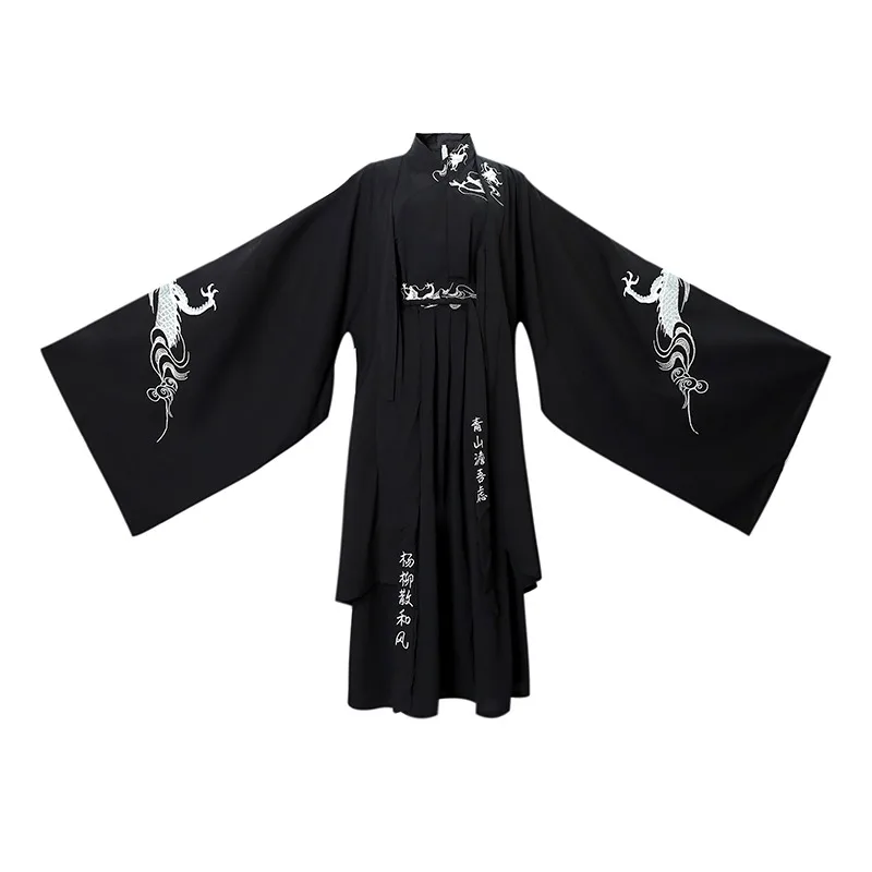 robe longue unisexe de grande taille avec broderie de samouraï japonais, vêtements de style chinois traditionnel hanfu, homme sans abri, dragon noir robe longue unisexe de grande taille avec broderie de samouraï japonais, vêtements de style chinois traditionnel hanfu, homme sans abri, dragon noir