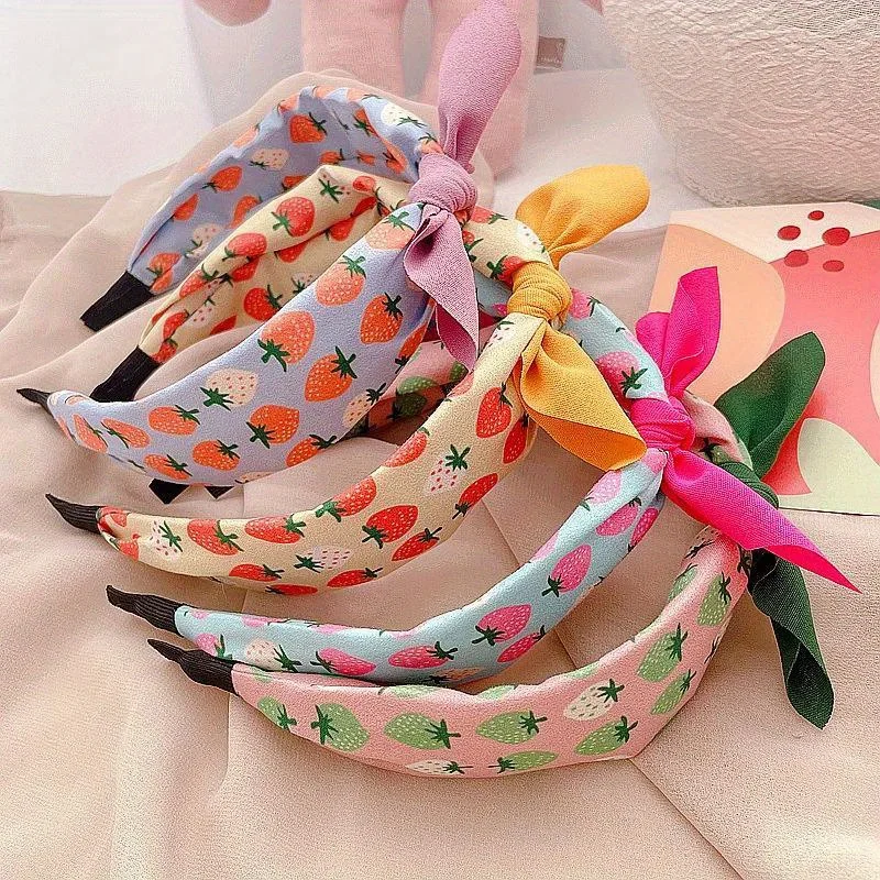 Bandeau à nœud papillon imprimé fruits, bandeau à fraises pour femmes et filles, cerceau large coréen en tissu, couvre-chef, accessoires pour cheveux quotidiens Bandeau à nœud papillon imprimé fruits, bandeau à fraises pour femmes et filles, cerceau large coréen en tissu, couvre-chef, accessoires pour cheveux quotidiens