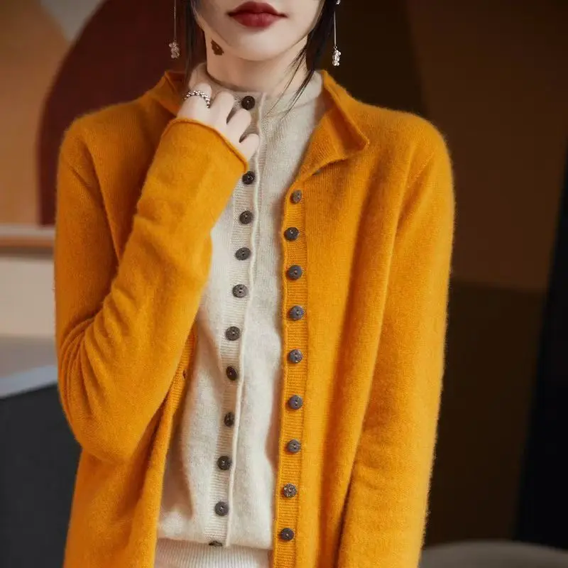 Cardigan 100% laine mérinos à la mode, coréen décontracté pour femmes, automne-hiver, manches longues, couleur unie, veste tricotée, pull, haut Cardigan 100% laine mérinos à la mode, coréen décontracté pour femmes, automne-hiver, manches longues, couleur unie, veste tricotée, pull, haut