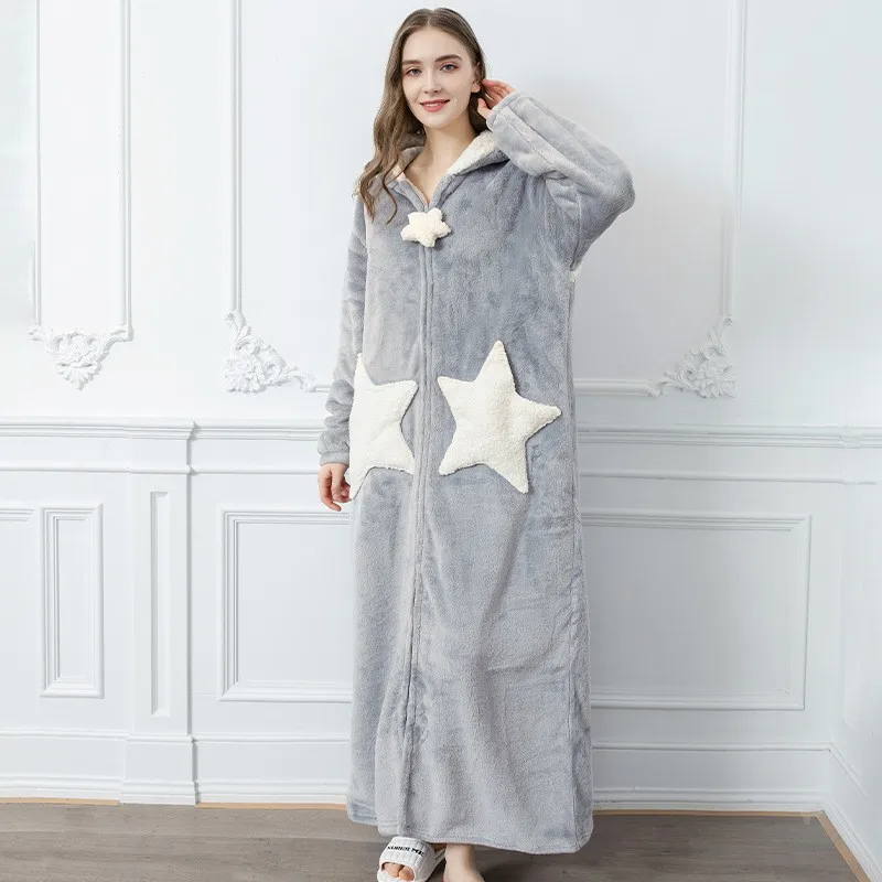 peignoir kimono à capuche et fermeture éclair pour femme, vêtement de nuit chaud en molleton de corail, ample, pour couple, chemise de nuit étoile mignonne, hiver peignoir kimono à capuche et fermeture éclair pour femme, vêtement de nuit chaud en molleton de corail, ample, pour couple, chemise de nuit étoile mignonne, hiver