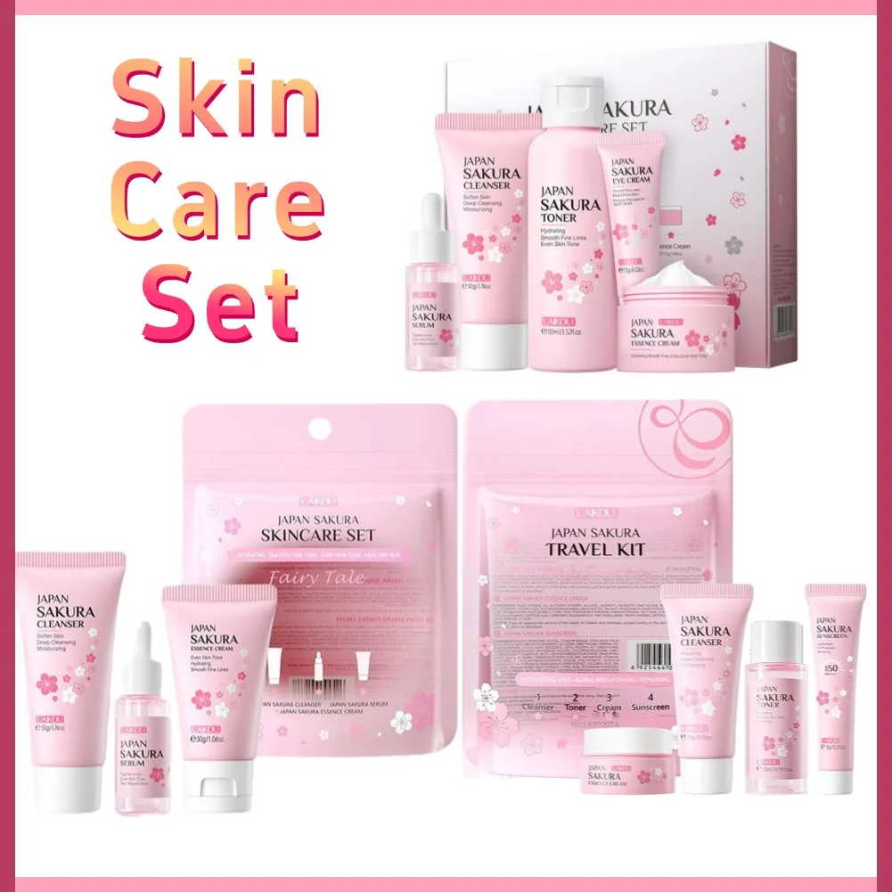 Sakura-Kit de soins de la peau pour femme, nettoyant, sérum, crème pour les yeux, crème pour le visage, crème solaire, produits de beauté, voyage Sakura-Kit de soins de la peau pour femme, nettoyant, sérum, crème pour les yeux, crème pour le visage, crème solaire, produits de beauté, voyage
