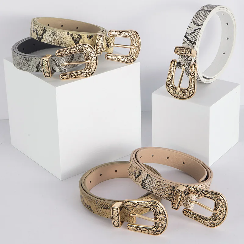 Ceinture en peau de serpent avec broche sculptée européenne et américaine pour femme, motif à la mode et polyvalent, haut de gamme Ceinture en peau de serpent avec broche sculptée européenne et américaine pour femme, motif à la mode et polyvalent, haut de gamme