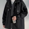 Veste pour hommes Style coréen multi-poches coupe-vent à capuche unisexe manteau surdimensionné Streetwear noir coupe-vent vestes décontractée