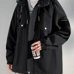 Veste pour hommes Style coréen multi-poches coupe-vent à capuche unisexe manteau surdimensionné Streetwear noir coupe-vent vestes décontractée