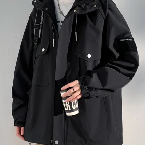 Veste pour hommes Style coréen multi-poches coupe-vent à capuche unisexe manteau surdimensionné Streetwear noir coupe-vent vestes décontractée