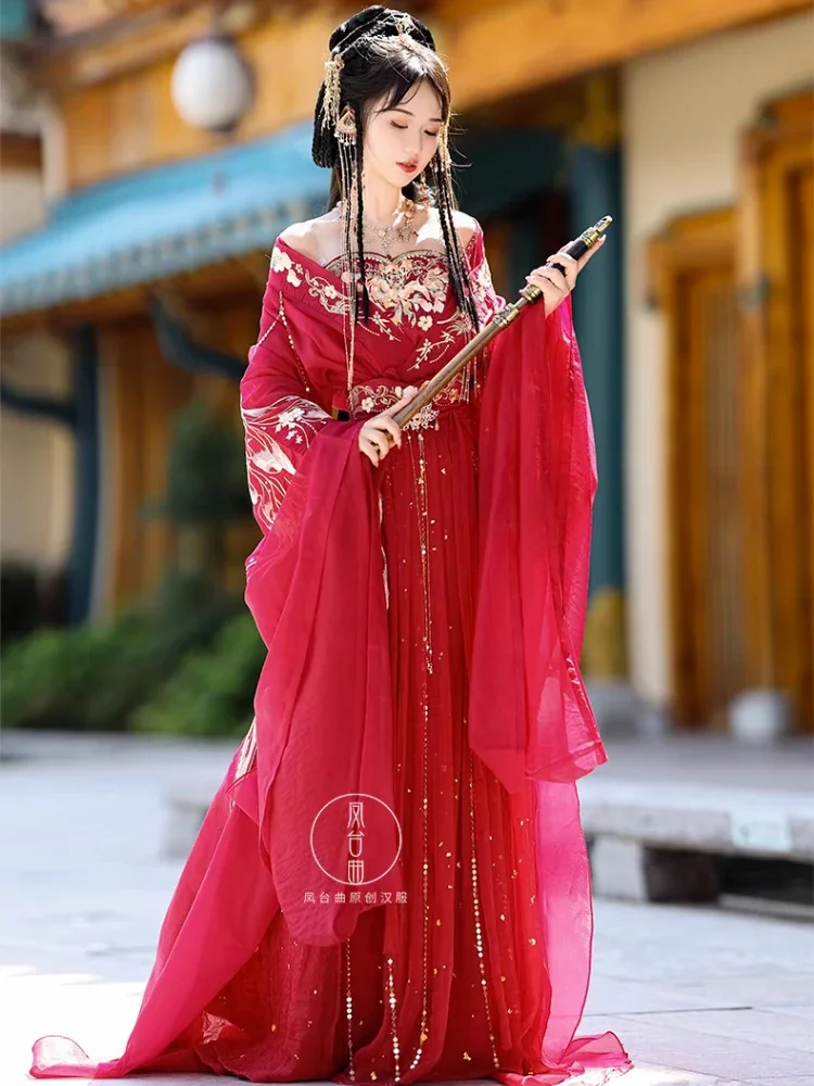 robe hanfu vintage pour femmes, robe de danse sur scène traditionnelle chinoise, costume de cosplay féerique, ensemble hanfu rouge, tenues de princesse élégantes robe hanfu vintage pour femmes, robe de danse sur scène traditionnelle chinoise, costume de cosplay féerique, ensemble hanfu rouge, tenues de princesse élégantes