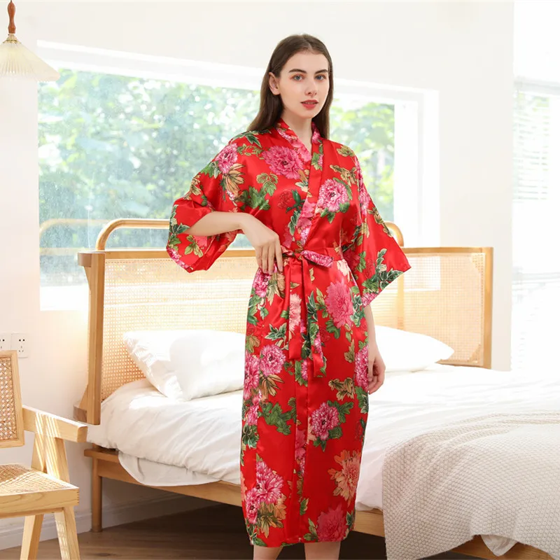 peignoir kimono long en satin pour femme, robe imprimée de fleurs, vêtements de nuit pour la maison peignoir kimono long en satin pour femme, robe imprimée de fleurs, vêtements de nuit pour la maison