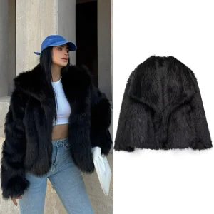 HXAO femmes 2024 manteau de fourrure noir moelleux veste femme automne hiver fausse fourrure manteau en peluche vêtements d&rsquo;extérieur blanc gris chaud recadrée veste