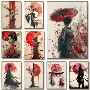 Affiche d’art japonaise samouraï Geisha parapluie bonsaï Sakura, peinture sur toile de paysage, imprimés muraux, image pour décoration de chambre et de maison Affiche d’art japonaise samouraï Geisha parapluie bonsaï Sakura, peinture sur toile de paysage, imprimés muraux, image pour décoration de chambre et de maison