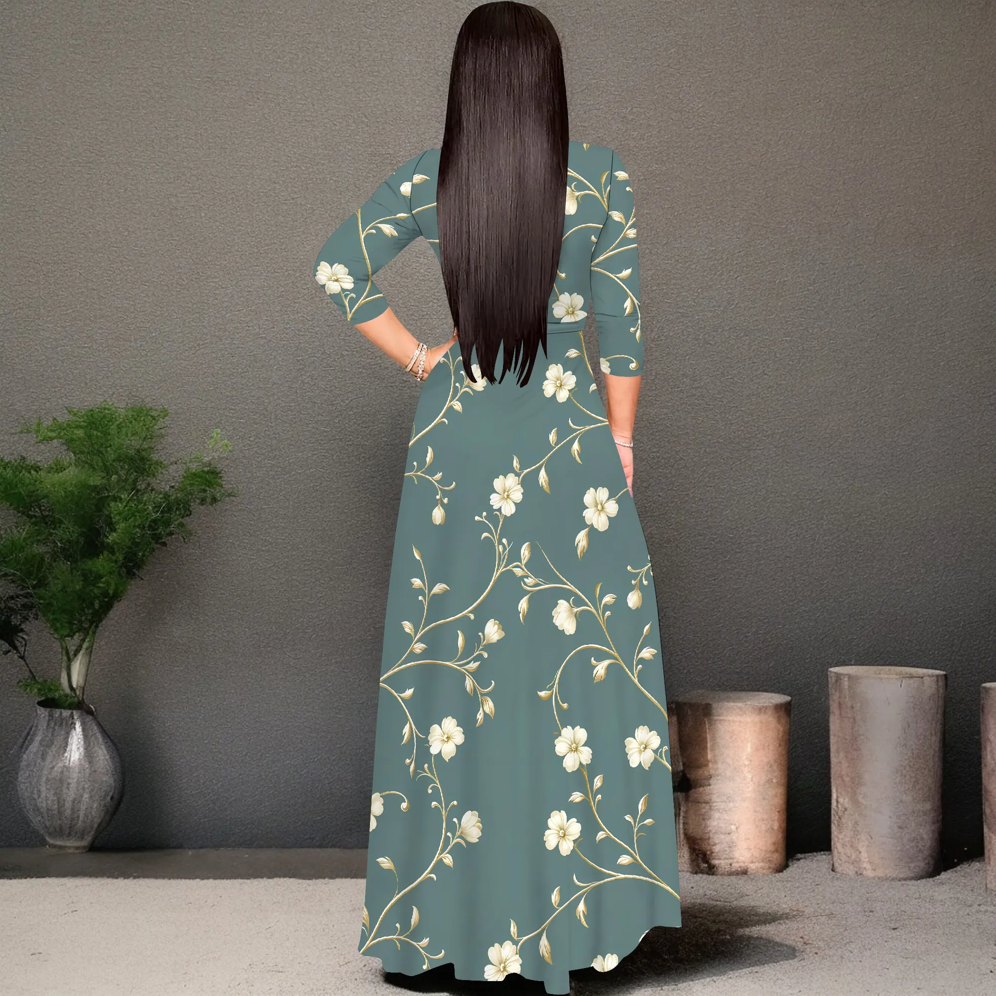 robe longue portefeuille pour femmes, col en v, manches 3/4, taille haute, mi longue, robes d'invitées de mariage élégantes avec ceinture robe longue portefeuille pour femmes, col en v, manches 3/4, taille haute, mi longue, robes d'invitées de mariage élégantes avec ceinture
