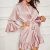 mode femmes solide kimono robe laçage cloche manches robe de bain soie satin courte robe de nuit femme mariage mariée demoiselle d'honneur sexy pei