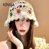 korean handmake bucket hat flower decoration knitted hollow basin hat women's summer thin breathable sunshade sun cap gorras