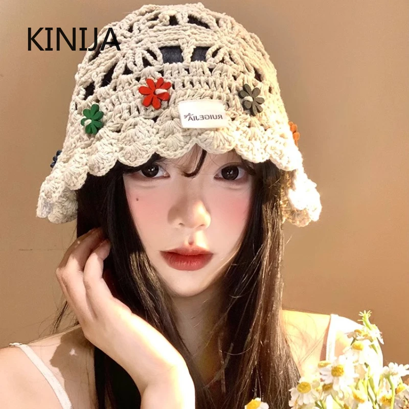 korean handmake bucket hat flower decoration knitted hollow basin hat women's summer thin breathable sunshade sun cap gorras korean handmake bucket hat flower decoration knitted hollow basin hat women's summer thin breathable sunshade sun cap gorras