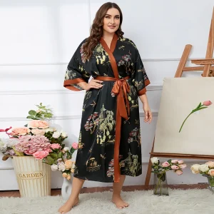 Robe Kimono longue surdimensionnée pour femmes, peignoir en Satin imprimé, col en v, ample, chemise de nuit avec ceinture, rayonne, vêtements de détente