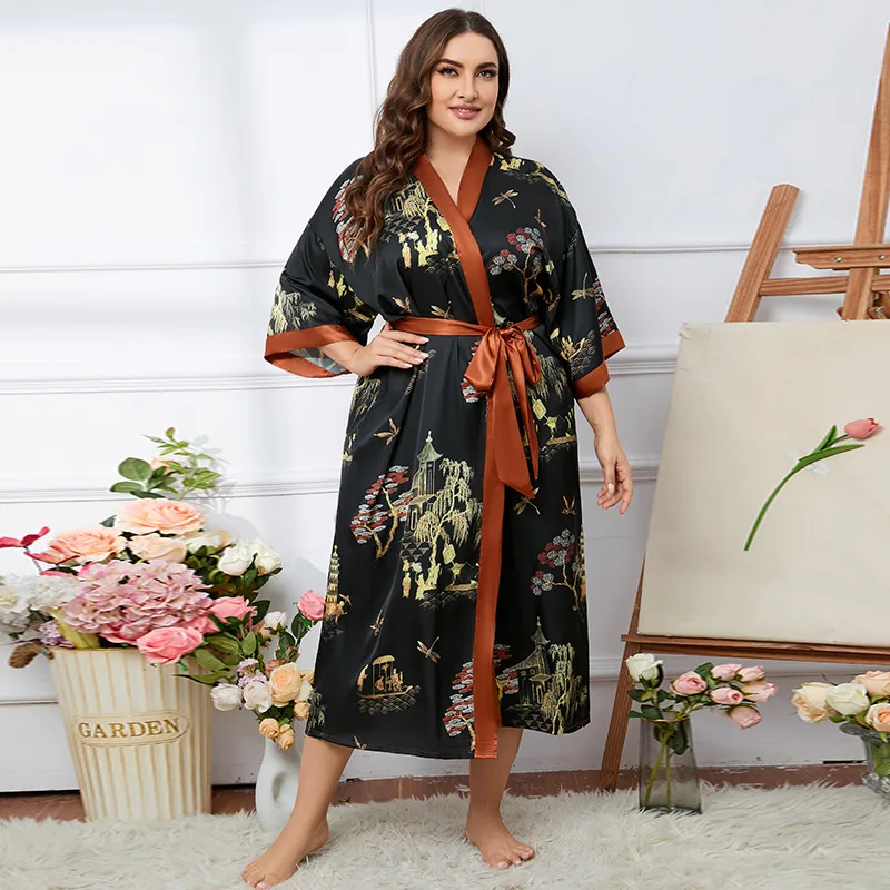 Robe Kimono longue surdimensionnée pour femmes, peignoir en Satin imprimé, col en v, ample, chemise de nuit avec ceinture, rayonne, vêtements de détente Robe Kimono longue surdimensionnée pour femmes, peignoir en Satin imprimé, col en v, ample, chemise de nuit avec ceinture, rayonne, vêtements de détente