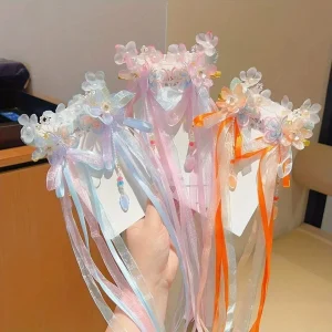 Pinces à cheveux florales Fairycore avec rubans et pompons – Accessoires pour cheveux traditionnels chinois pour Hanfu |   Cadeau pour les filles