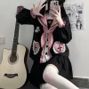 ensemble deux pièces japonais kawaii pour femmes, chemisier en dentelle brodée de chat esthétique, grunge + mini jupes plissées dégradées, tenue trempée, y2k